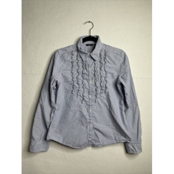 American Eagle Button-Front Favorite Fit Blue/White Stripe Ruffle Front Shirt M - Picture 2 of 12